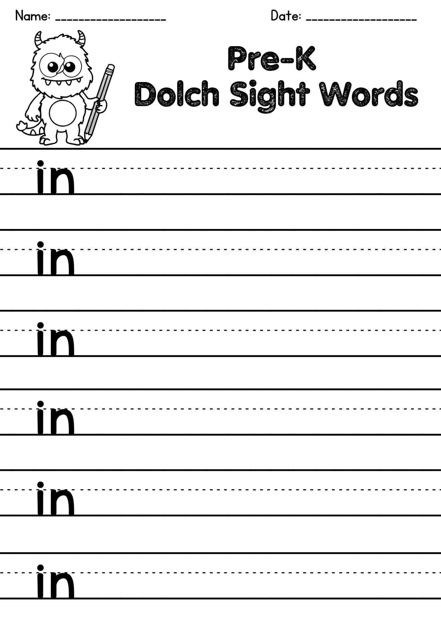 "in" Dolch Sight Word Writing Worksheets – Free PDF Download for Early Learners